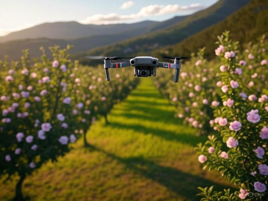 Stone fruit orchard aerial view with organized tree rows
